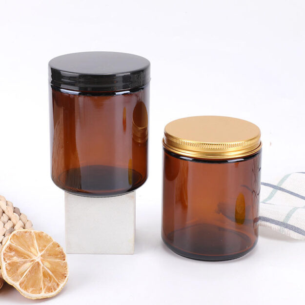 Custom Logo Amber Clear Luxury Glass Candle Jar with Aluminum Lids Supplier (4) glass candle jar with aluminum lid