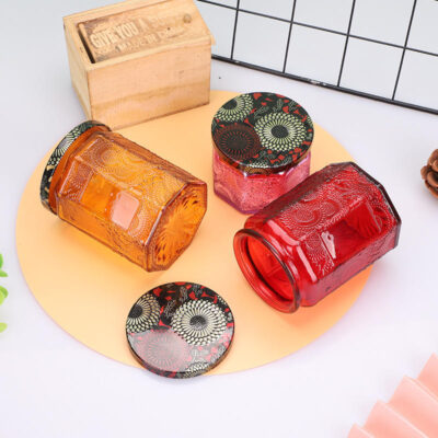 Multi-color embossed glass candle jar